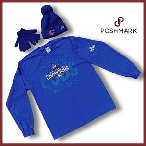 Chicago Cubs Shirt M Adult 2016 World Series Champion Long Sleeve +Hat & Gloves